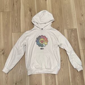 White Hooded Sweatshirt with Swarovski Rainbow Murakami Flower